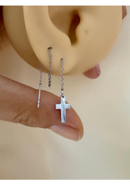 1 Adet Cerrahi Çelik İki Deliğe Geçirilen Zincir Küpe