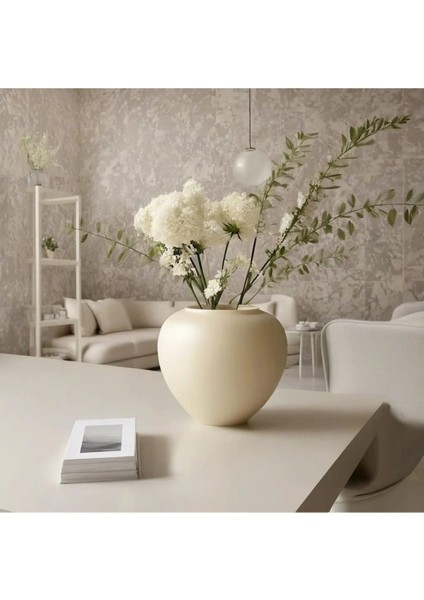 Iskandinav Tarzı Bohem Yuvarlak Tasarım Sade Seramik Krem Rengi Vazo 17X20 cm