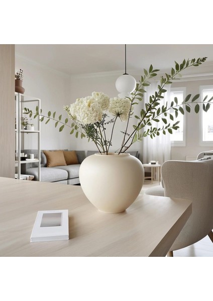 Iskandinav Tarzı Bohem Yuvarlak Tasarım Sade Seramik Krem Rengi Vazo 17X20 cm modelleri