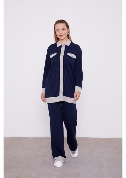 Düğme Detaylı Pantalon Takım 10078-1 Lacivert