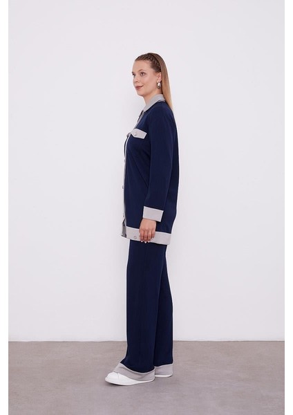 Düğme Detaylı Pantalon Takım 10078-1 Lacivert