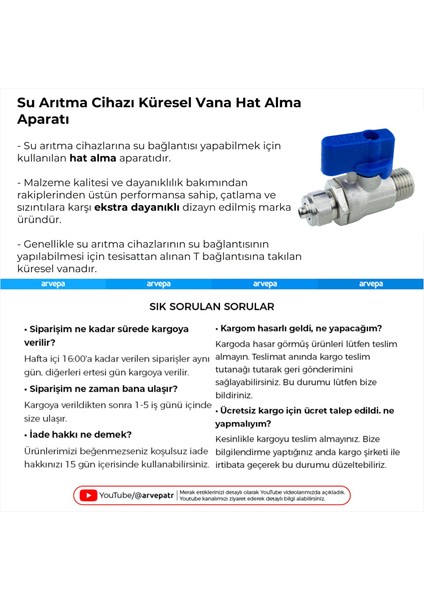 Su Arıtma Cihazı 1/4 Küresel Vana Hat Alma Aparatı