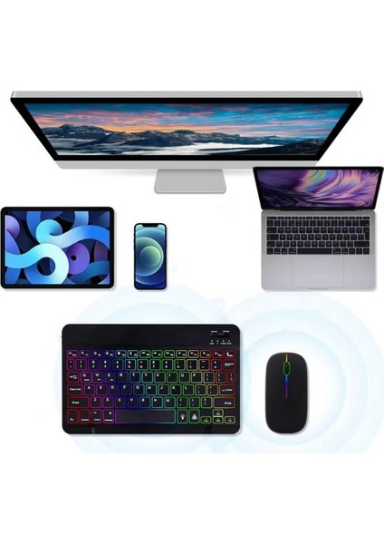 Apple iPad Pro 11" Wi-Fi Uyumlu Kablosuz Bluetooth Şarjlı Rgp 7 Renk Işıklı Klavye Mouse Seti