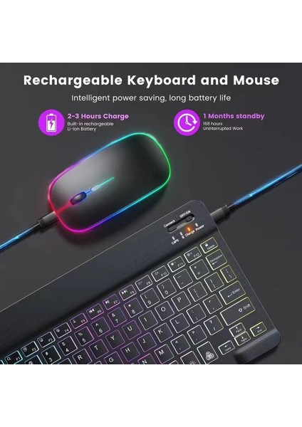 Apple iPad Pro 11" Wi-Fi Uyumlu Kablosuz Bluetooth Şarjlı Rgp 7 Renk Işıklı Klavye Mouse Seti