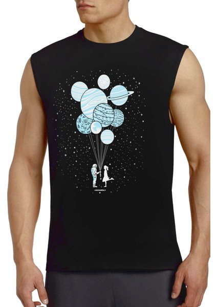 Balon Gezegenler Siyah Kesik Kol / Kolsuz Erkek T-Shirt