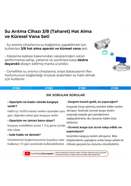 Su Arıtma Cihazı 3/8 (Taharet) Hat Alma ve Küresel Vana Seti