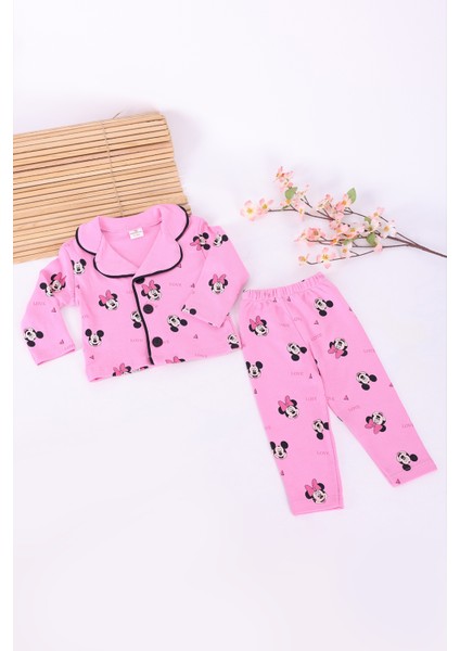 Vavbaby Pamuk Kruvaze Yaka Önden Düğmeli Pembe Miki Mevsimlik Bebek Pijama Takım (Ay)