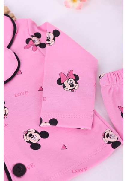 Vavbaby Pamuk Kruvaze Yaka Önden Düğmeli Pembe Miki Mevsimlik Bebek Pijama Takım (Ay) fiyatları