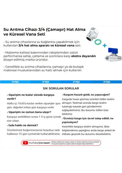 Su Arıtma Cihazı 3/4 (Çamaşır Makinesi) Hat Alma ve Küresel Vana Seti