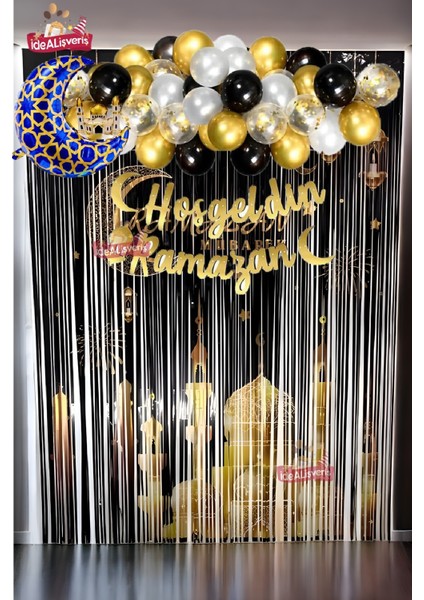 Hoşgeldin Ramazan Baskılı Arkafonu ve Yazılı Mavi Folyo Balonlu Gold Gümüş Balon Zincirli Set