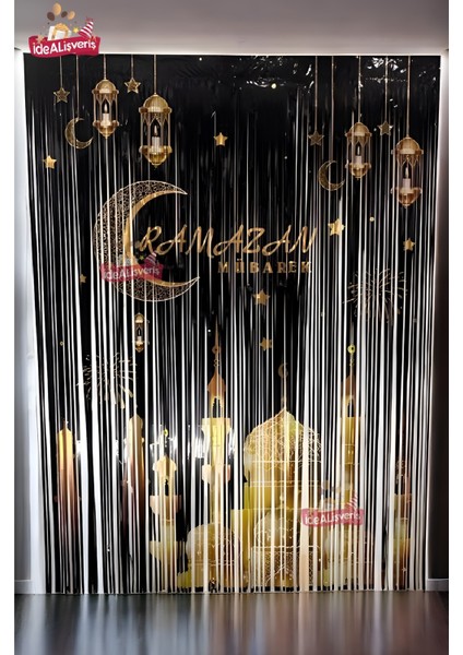 Hoşgeldin Ramazan Baskılı Arkafonu ve Yazılı Mavi Folyo Balonlu Gold Gümüş Balon Zincirli Set