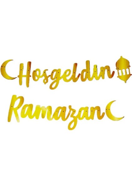 Hoşgeldin Ramazan Baskılı Arkafonu ve Yazılı Mavi Folyo Balonlu Gold Gümüş Balon Zincirli Set