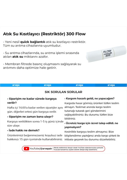 Su Arıtma Cihazı Atık Su Kısıtlayıcı (Restriktör) 300 Flow