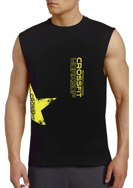 Crossfit Yıldız Siyah Kesik Kol / Kolsuz Erkek T-Shirt