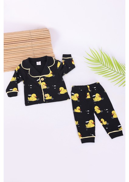 Vavbaby Pamuk Kruvaze Yaka Önden Düğmeli Sarı Ördekli Siyah Mevsimlik Bebek Pijama Takım (Ay)