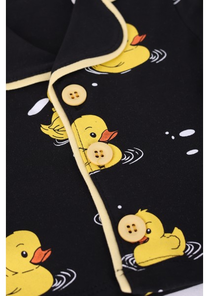 Vavbaby Pamuk Kruvaze Yaka Önden Düğmeli Sarı Ördekli Siyah Mevsimlik Bebek Pijama Takım (Ay) modelleri
