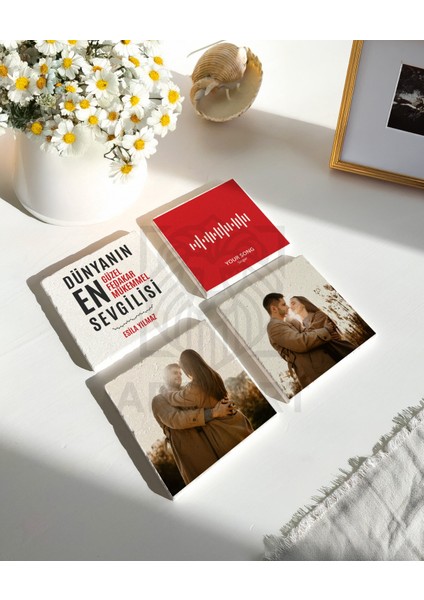 Sevgililer Günü Hediyesi , Sevgiliye Hediye Kişiye Özel Romantik Hediye Doğal Taş Bardak Altlığı 4\'lü Set