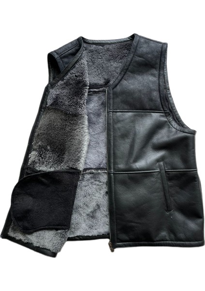 Erkek Deri Yelek Içi Kürk-Dışı Süet Hakiki Deri Klasik Yelek