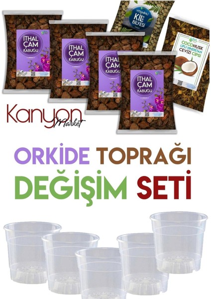 Orkide Toprağı Seti - 5ADET Saksı 4 Litre Ithal Çam - 1 Litre Cocohusk - 1 Litre Kil Bilyesi