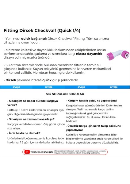 Su Arıtma Cihazı İçin Fitting Dirsek Checkvalf 10 Adet