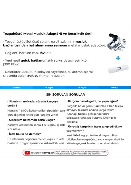 Tezgahüstü Su Arıtma Cihazı Metal Musluk Adaptörü ve Restriktör