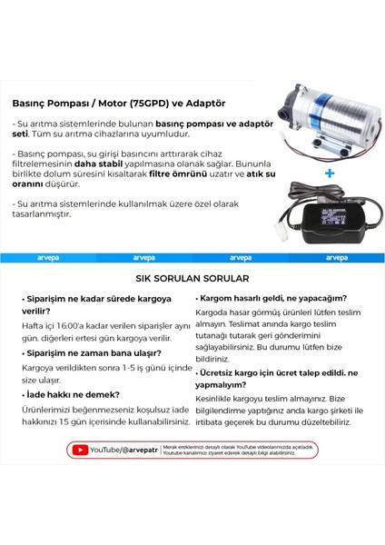 Su Arıtma Cihazı 75GPD Pompa ve Adaptör Takımı modelleri