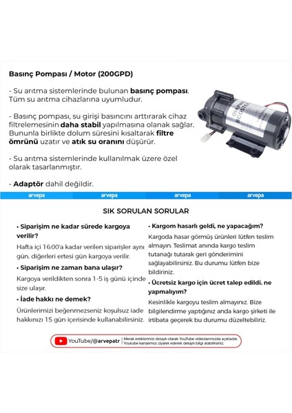 Su Arıtma Cihazı 200GPD Basınç Pompası (Motor)