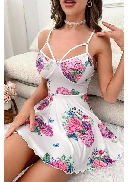 Beyaz Pırıltı Çiçekli Askılı Mini Gecelik