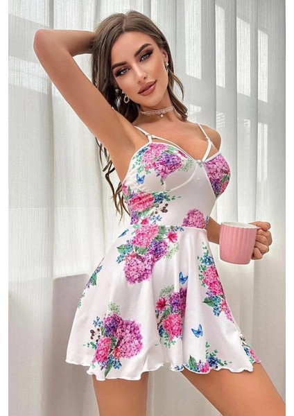 Beyaz Pırıltı Çiçekli Askılı Mini Gecelik fiyatları