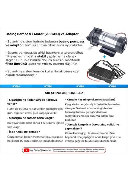 Su Arıtma Cihazı 200GPD Pompa ve Adaptör Takımı modelleri