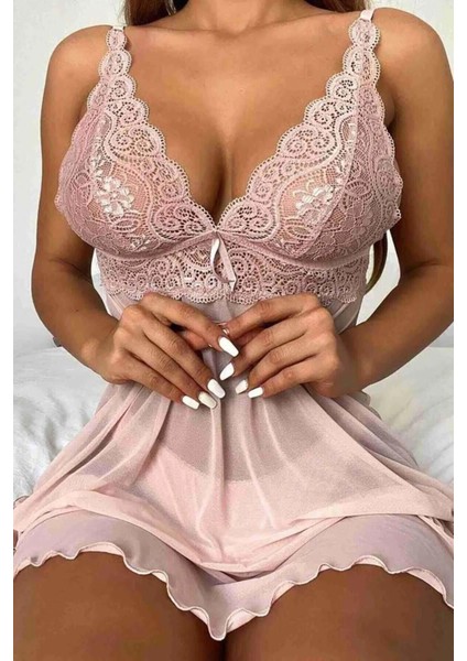 Kadın Sırt ve Göğüs Dekolteli Dantelli Şık Pudra Mini Gecelik fiyatları
