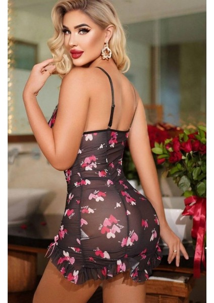 Siyah Kalp Baskılı Transparan Gecelik