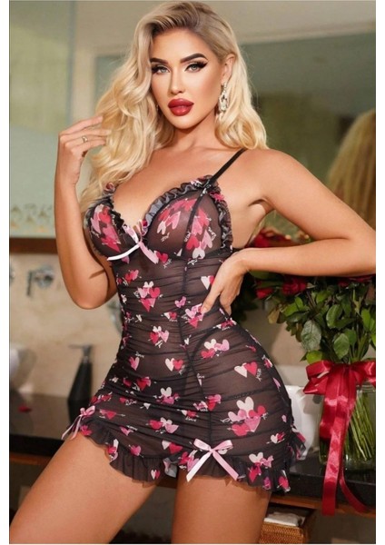 Siyah Kalp Baskılı Transparan Gecelik modelleri