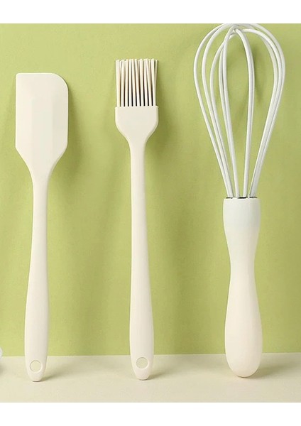 3'Lü Silikon Pratik Pasta Tatlı Yapma Seti ( Çırpıcı- Fırça-Spatula) Kremrengi