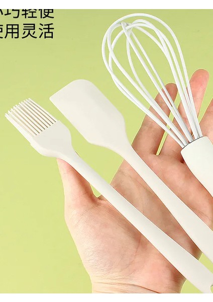 3'Lü Silikon Pratik Pasta Tatlı Yapma Seti ( Çırpıcı- Fırça-Spatula) Kremrengi