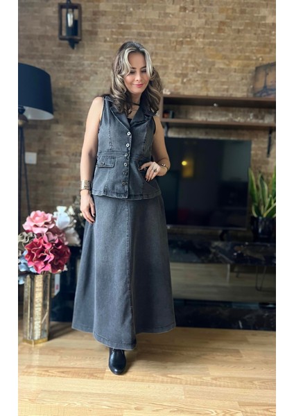 Premium Kalite Denim Yelek Etek Ikili Takım Tesettür Uyumlu Kot Yelekli Takım Etekli Takım