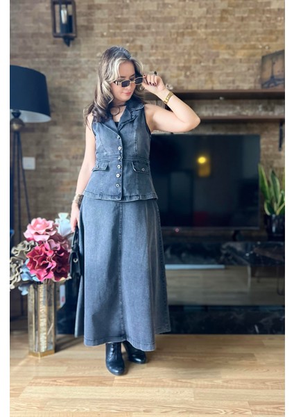 Premium Kalite Denim Yelek Etek Ikili Takım Tesettür Uyumlu Kot Yelekli Takım Etekli Takım modelleri