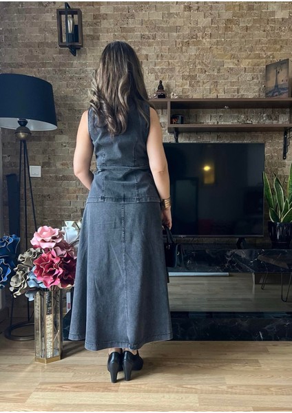 Premium Kalite Denim Yelek Etek Ikili Takım Tesettür Uyumlu Kot Yelekli Takım Etekli Takım fırsatları