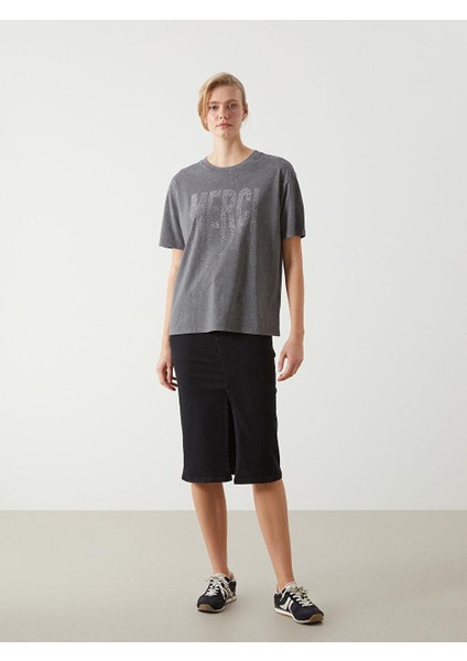 Lcw Vision Bisiklet Yaka Taşlı Oversize Kadın Tişört fiyatları