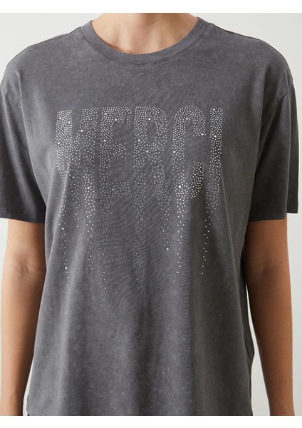 Lcw Vision Bisiklet Yaka Taşlı Oversize Kadın Tişört modelleri