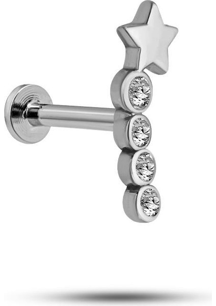 925 Ayar Gümüş Rodyumlu Minimal Kayan Yıldız Dört Taşlı Tragus Piercing Küpe