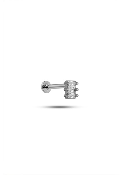925 Ayar Gümüş Rodyumlu Minimal Üç Baget Taşlı Tragus Piercing Küpe