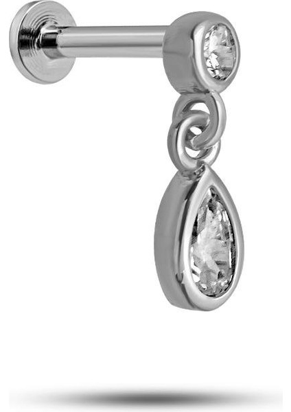 925 Ayar Gümüş Rodyumlu Minimal Sallantılı Damla Taşlı Tragus Piercing Küpe