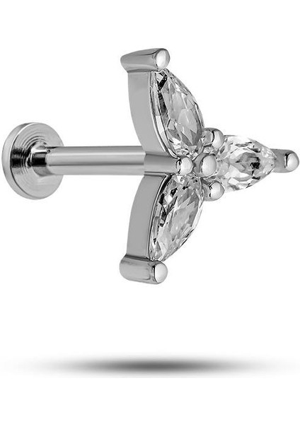 925 Ayar Gümüş Rodyumlu Minimal Üç Taşlı Zarif Tragus Piercing Küpe