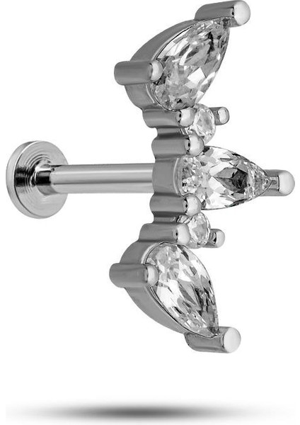 925 Ayar Gümüş Rodyumlu Minimal 3'lü Damla Taşlı Tragus Piercing Küpe