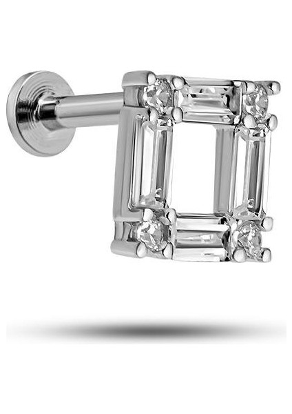 925 Ayar Gümüş Rodyumlu Minimal Baget Taşlı Dörtgen Tragus Piercing Küpe