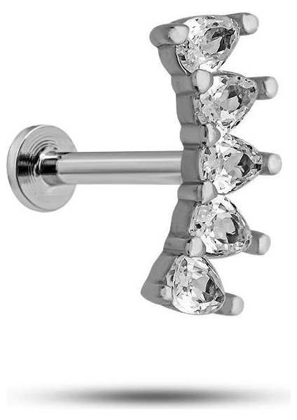 925 Ayar Gümüş Rodyumlu Minimal Mekik Beş Taşlı Tragus Piercing Küpe