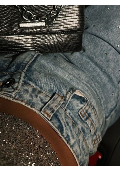 Kadın Yüksek Bel Taşlı Jean Tam Kalıp Taş Gibi Palazzo Kot Pantalon