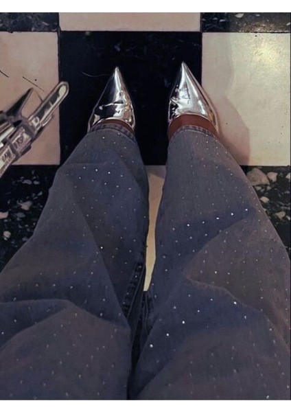 Kadın Yüksek Bel Taşlı Jean Tam Kalıp Taş Gibi Palazzo Kot Pantalon