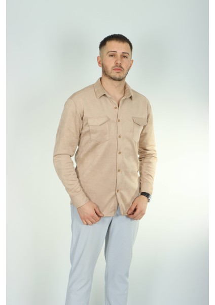 Çift Cep Nubuk Gömlek Krem